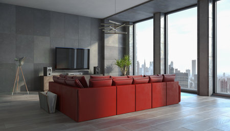 3d rendering of a modern loft with large windows, a big red couch, TV and hi-fi equipment - bright living roomの写真素材