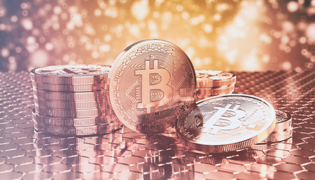 3d render of some physical golden bitcoins on a reflective ground and a particle bokeh background - cryptocurrency conceptの写真素材