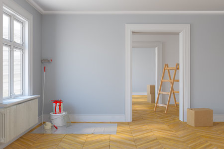 3d render of an empty scandinavian room with large windows and parquet floor - renovateの写真素材