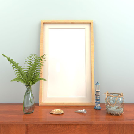 3d render of a sideboard with a blank mock up poster and maritime decoration