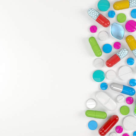 3d rendering of many colorful tablets, pills and capsules. - Medicine on white background.の写真素材