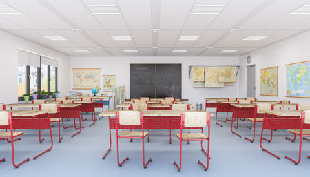 3d render of a traditional school with tables and chairs - school lessonsの写真素材