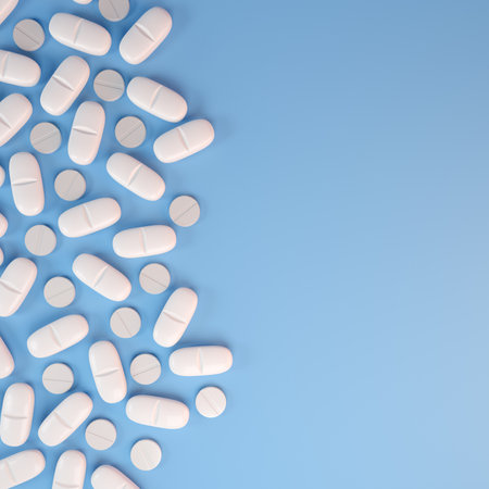 3d render of white tablets, pills - medicine on blue background.の写真素材