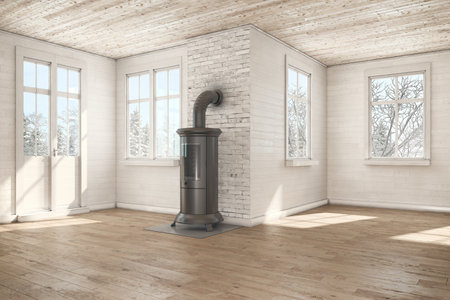 3d render of empty scandinavian flat with chimney - winterの写真素材