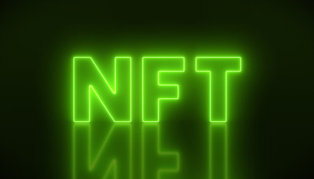 illustation of luminous text with message nft on dark green background - abstract backgroundの写真素材
