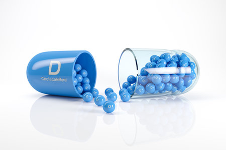 3d rendering of a vitamin capsule with vitamin D - cholecalciferol on white reflecting floor. - Dietary supplements.の写真素材