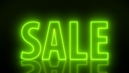 Illustation of glowing neon sign with message, sale in green on reflecting floor. - Abstract backgroundの写真素材