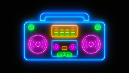 Illustration of a ghettoblaster in retro neon over dark background - abstract backgroundの写真素材