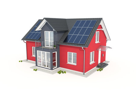 3d render of a red house with solar panel on white backgroundの写真素材