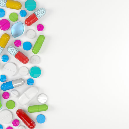 3d rendering of many colorful tablets, pills and capsules. - Medicine on white background.の写真素材