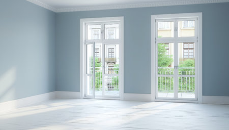 3d render of an empty room with large windows, balcony and parquet floor - scandinavian styleの写真素材