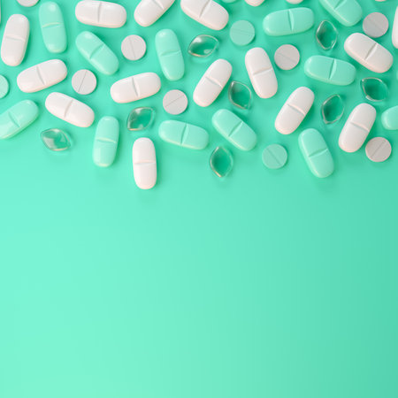 3d rendering of some green and white tablets, pills - Medicine on green background.の写真素材