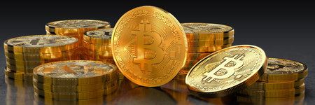 3d render of some physical golden bitcoins on a reflective dark floor and dark background -...