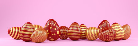 3d render of 13 red and gold easter eggs on pink background. - Vacation backgroundの写真素材