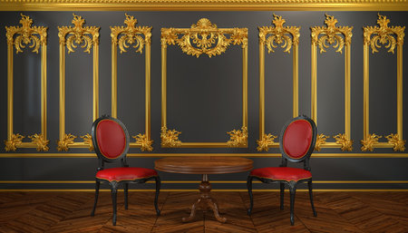 3d render of a victorian vintage living room with two chairs and a table - luxury living room in classic styleの写真素材