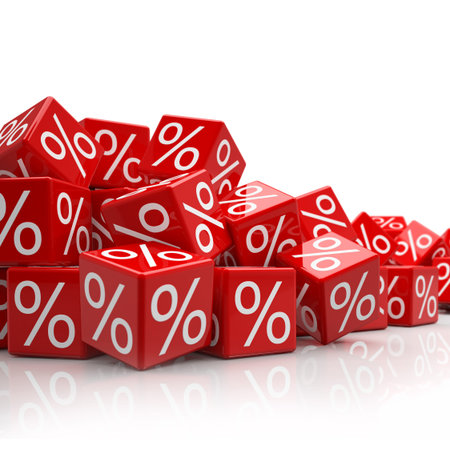 3d rendering of falling orange cubes with percent signs on white background (sale concept).
