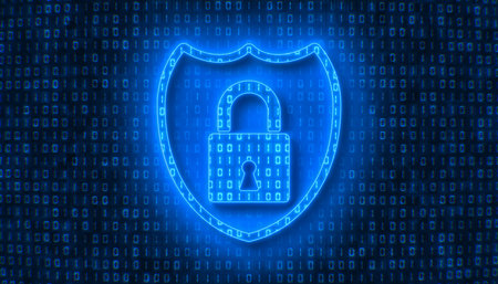 Illustation - Protect sign in light blue and in the background in dark blue a coding of binary code. - abstract backgroundの写真素材
