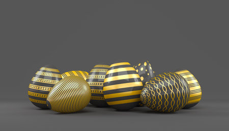 3d render of 8 black and gold easter eggs on black background. - Vacation backgroundの写真素材