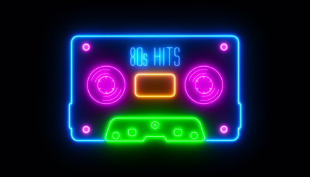 Illustration of an audio cassette in retro neon over dark background - abstract backgroundの写真素材