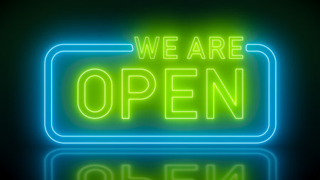 Illustation of glowing neon sign with message, we are open in green and blue on reflecting floor. - Abstract backgroundの写真素材
