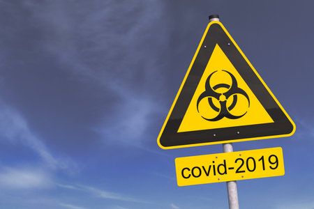 3d render of a yellow warning sign for biological hazards and the message covid-2019. In the background a dark, grey sky with cloudsの写真素材