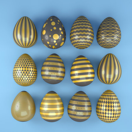 3d render of 12 black and gold easter eggs on blue background. - Vacation backgroundの写真素材