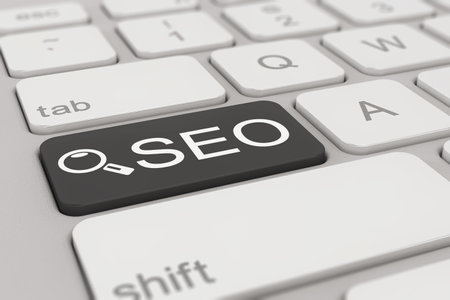 3d rendering of a white keyboard with black search engine optimization button, business concept.の写真素材