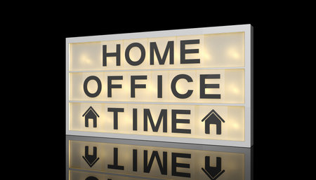 3d rendering of a LED lightbox with text home office time on a black reflective background - coronavirusの写真素材