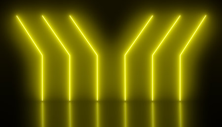 Illustation of glowing neon lines in yellow on reflecting floor. - Abstract backgroundの写真素材