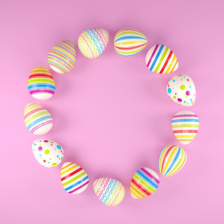 3d render of 13 colorful easter eggs on pink background. - Vacation backgroundの写真素材