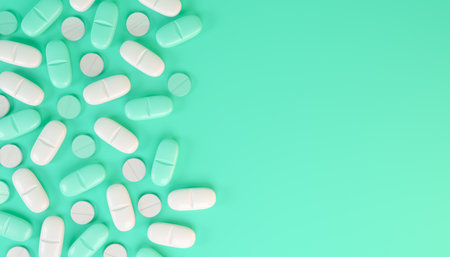 3d render of green and white tablets, pills - medicine on green background.の写真素材