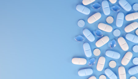3d rendering of some blue and white tablets, pills - Medicine on blue background.の写真素材