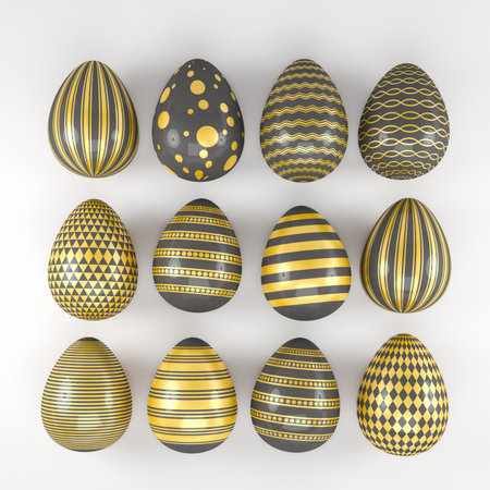 3d render of 13 black and gold easter eggs on white background. - Vacation backgroundの写真素材