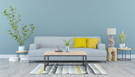 3d render of a Scandinavian living room with sofa and table and maritime decorationの写真素材