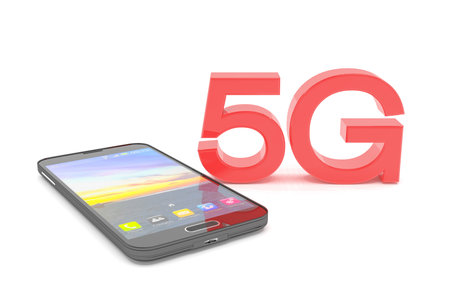 3d rendering of a smartphone with the capital letters 5G in red on a white background - fast mobile network conceptの写真素材