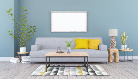 3d render of a Scandinavian living room with sofa and table and maritime decorationの写真素材