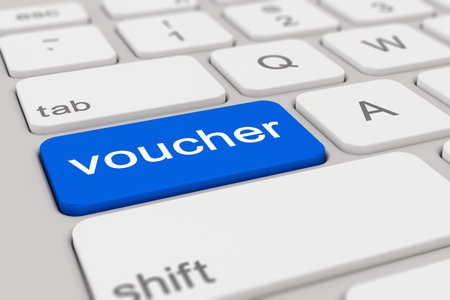 3d rendering of a white keyboard with blue voucher button.の写真素材