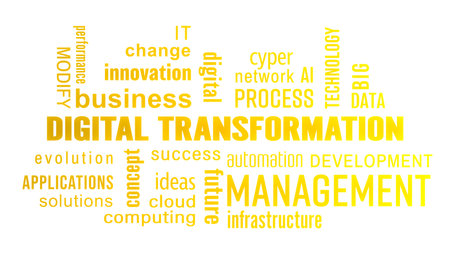Illustation of digital transformation keywords cloud with yellow text on white background.の写真素材