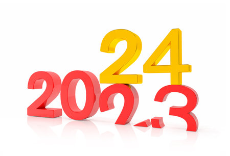 3d render of the numbers 2024 and 23 in red and gold over white reflecting background. The number 24 falls on the number 23 and breaks in it in the ground.の写真素材