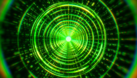 Illustation of circles in a tunnel with particles against a dark background - abstract background.の写真素材
