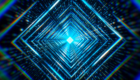 Illustation of squares in a tunnel with particles against a dark background - abstract background.の写真素材