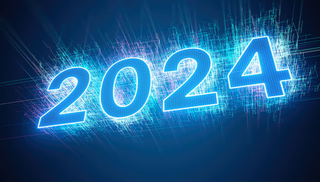 Illustration - abstract neon light in blue with the numbers 2024 - represents the new year - holiday concept.の写真素材