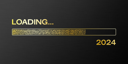 Illustration of loading bar in gold with the message loading 2024 over dark background- new year concept - represents the new year 2024.の写真素材