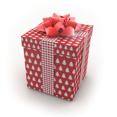 Christmas gift box with red bow isolated on white backgroundの写真素材