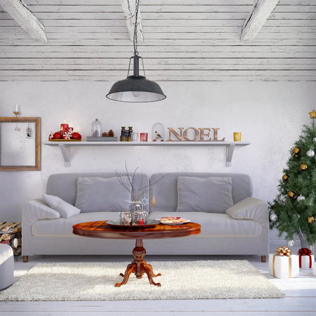 3d render of scandinavian flat - livingroom - christmasの写真素材