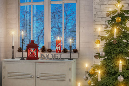 3d render of scandinavian flat - living room with christmas tree and decorations.の写真素材