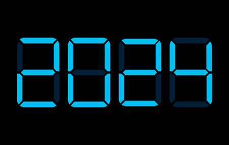 Digital display shows the date of the new year 2024 in blue over black background.の写真素材