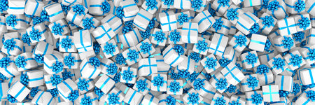 3d render - many white christmas gift boxes with blue ribbons - panoramaの写真素材