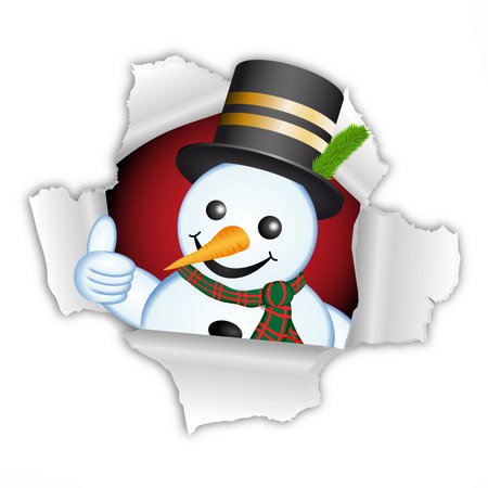 Illustration of snowman with scarf, hat and thumb up on torn paperの写真素材