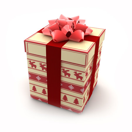 Christmas decorative gift box with red bow over white backgroundの写真素材